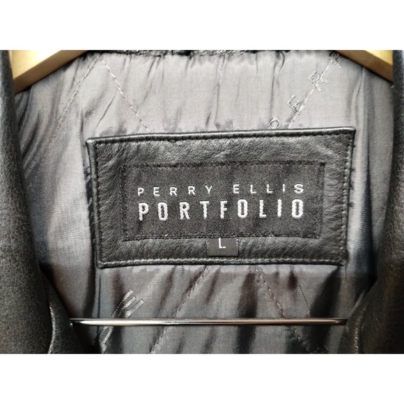 Perry Ellis Portfolio Leather Jacket Men Large Black Quilt Lined Button Front - Picture 3 of 8